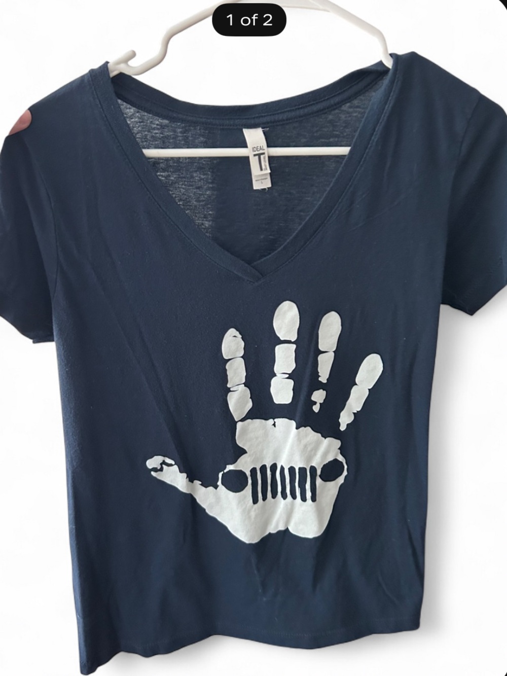 Women's Navy V-Neck Tee with White Handprint Jeep Graphic